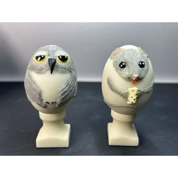 Hand Painted  Egg Shaped Owl And Mouse Figurines Vtg EGGCENTRICS by Bristar‎