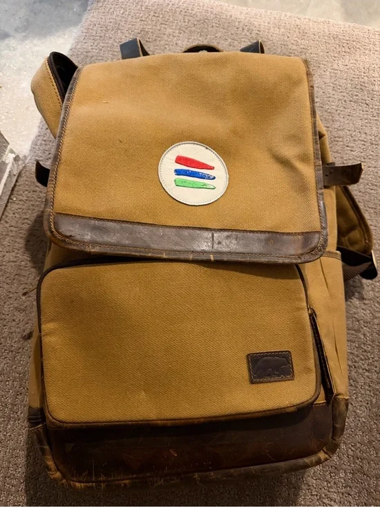 Canvas Flap Backpack in Tan with Leather Trim - Brand: