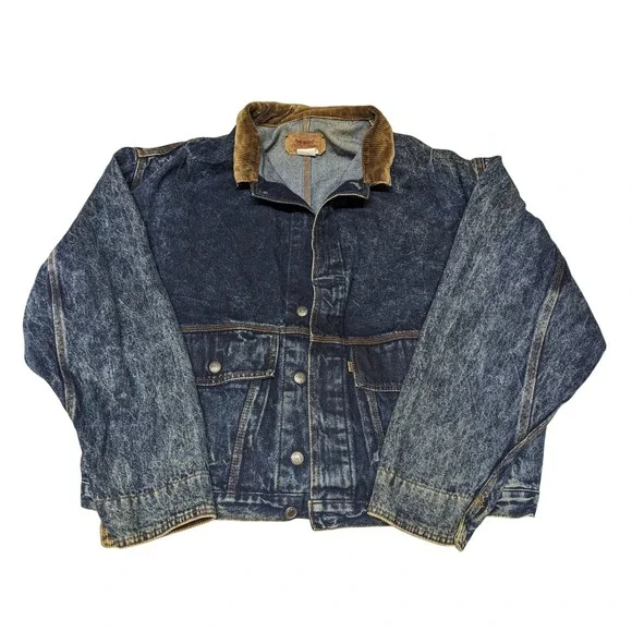 Vintage Levis Acid Wash‎ Denim Trucker Jacket Corduroy Collar USA XL 75073-0227