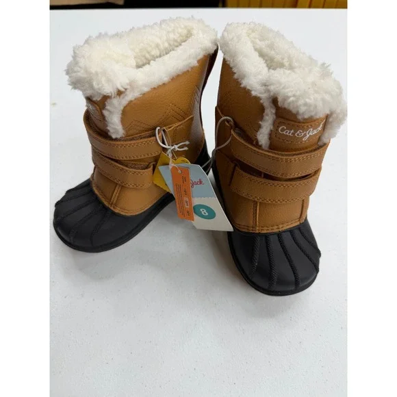 Cat & Jack Toddler Boys Tan Black Winter Snow Duck Boots Faux Fur Lined Size 8