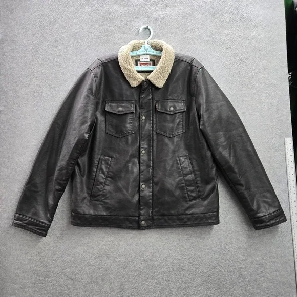Levi's Men Jacket Large Black Western Faux‎ Leather Sherpa Lined Long Sleeve