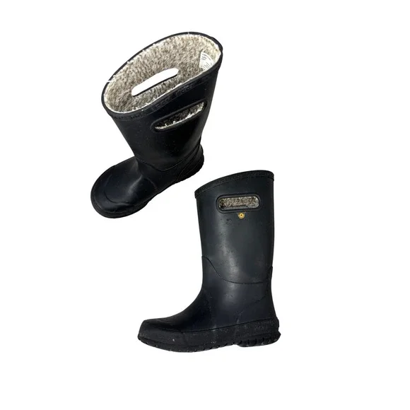 Bogs Unisex Black Plush Lined Rain Boot Snow Waterproof Pull‎ On Kids Size 13