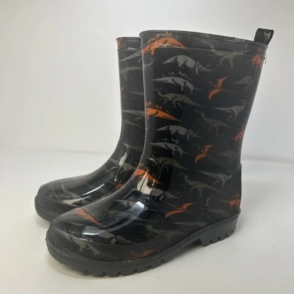 Capelli New York‎ Boys Dinosaur Rain Boots Size 3 Kids Black Orange Waterproof