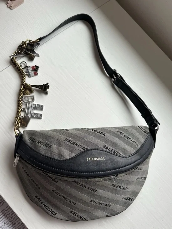 Balenciaga Grey Canvas & Black Leather Crossbody Bag