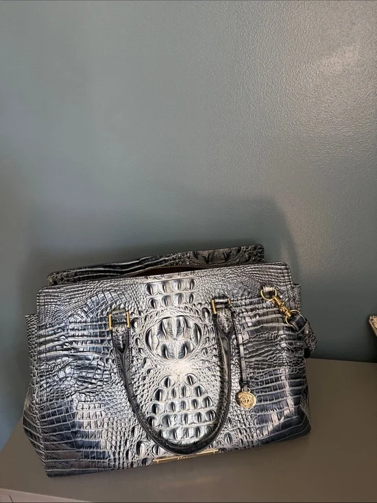 Brahmin Black Croc-Embossed Satchel with Gold Hardware