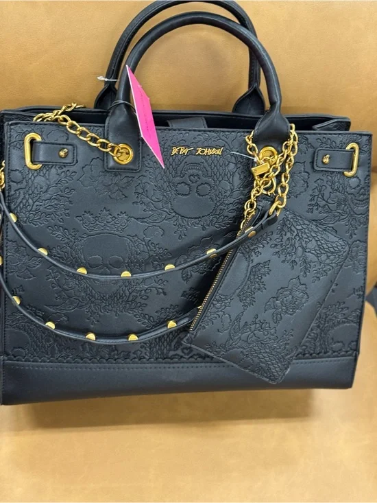 Betsey Johnson Black Embossed Floral & Skull Satchel with Gold Chain