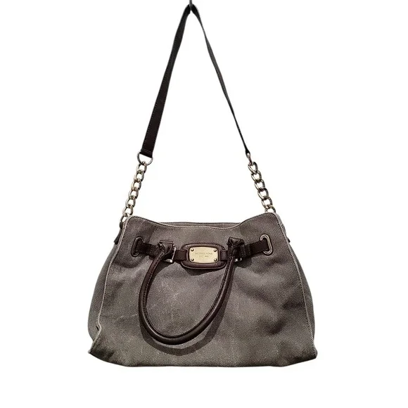 Michael Kors Hamilton Tan Leather Trim Canvas Shoulder Hand Bag Gold Chain