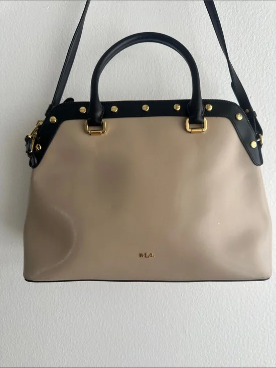 Ralph Lauren Beige and Black Leather Satchel with Gold Hardware