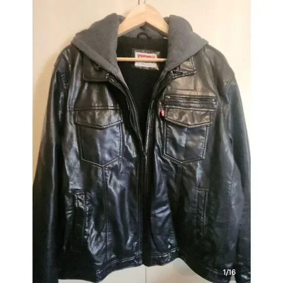 O2 Levi Strauss & Co Black soft Faux Leather Sherpa-Lined Moto Jacket w Hoodie