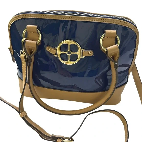 IMAN Navy Blue Patent Satchel Bag Tan Trim Gold Hardware Crossbody Dome Purse