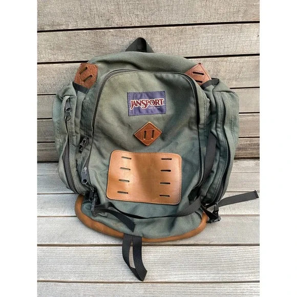 Vintage JanSport Backpack Made in USA Green Canvas Leather Bottom Hiking Daypack