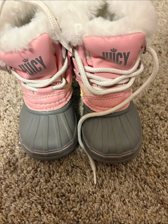 Juicy Couture Pink and Gray Kids Snow Boots with Faux Fur Trim