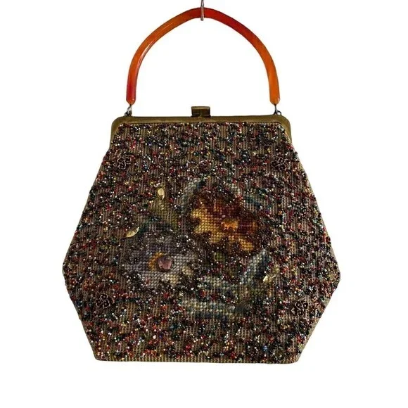 Vintage Soure' Bag New York Needlepoint Beaded Rhinestones Lucite Handle