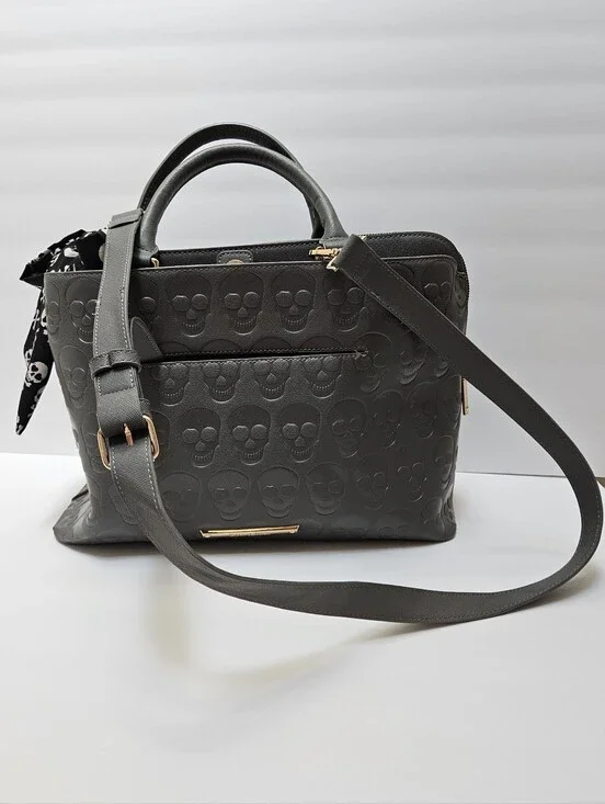 Betsey Johnson Charcoal Gray Embossed Skull Satchel Handbag Purse