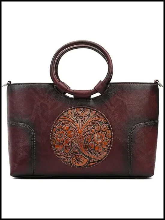 Vintage Faux Leather Satchel Tote Handbag with Detachable Strap