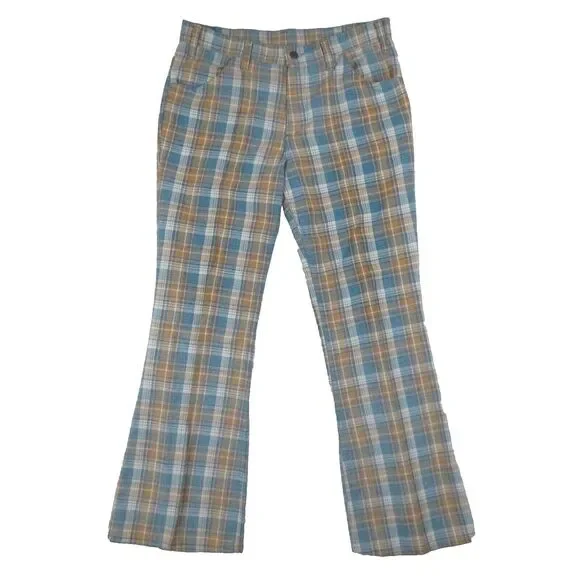 Vintage 1974 Levis Bell Bottoms Flared Pants 33x30 Blue Yellow Plaid‎ Talon USA
