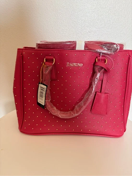 bebe Hot Pink Studded Satchel with Gold Hardware