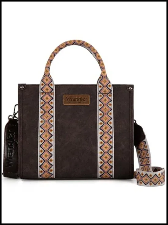Wrangler Western Satchel Crossbody Purse with Aztec Woven Trim, Secure Zip Top
