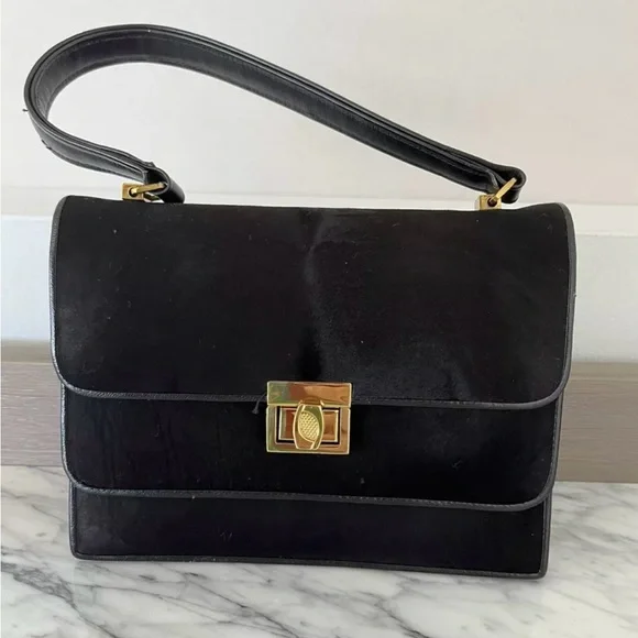 Black Purse Double Flap Evening Bag Leather Pony Satin Gold Vintage 50s 60s