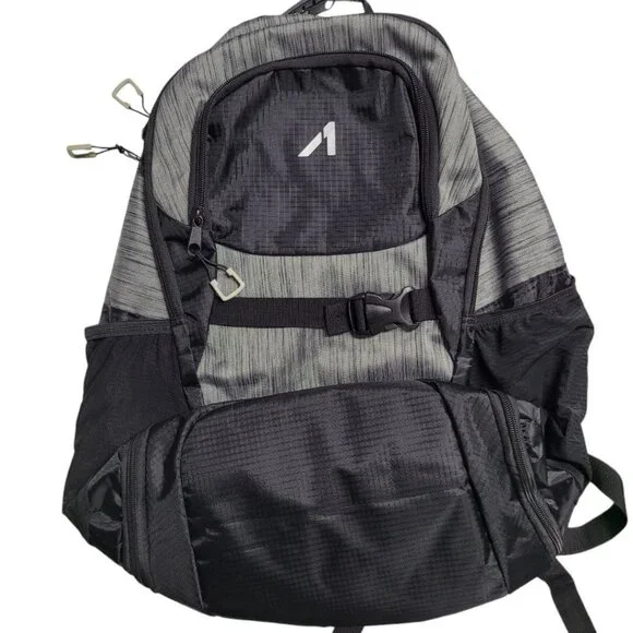 Backpack‎ School Black Gray Padded Pockets Water Bottle Wide Bottom