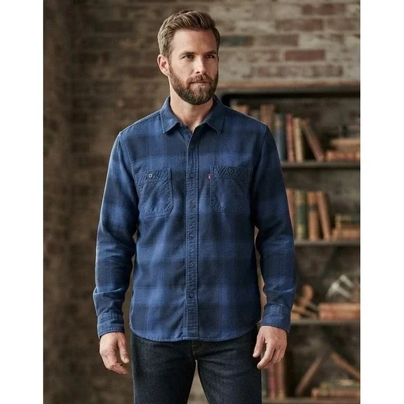 Levi's Plaid Flannel Button Down Long Sleeve Shirt Men's XL Blue Cotton Western