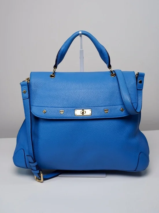 MCM First Lady Large Royal Blue Pebbled Leather Satchel Shoulder Bag