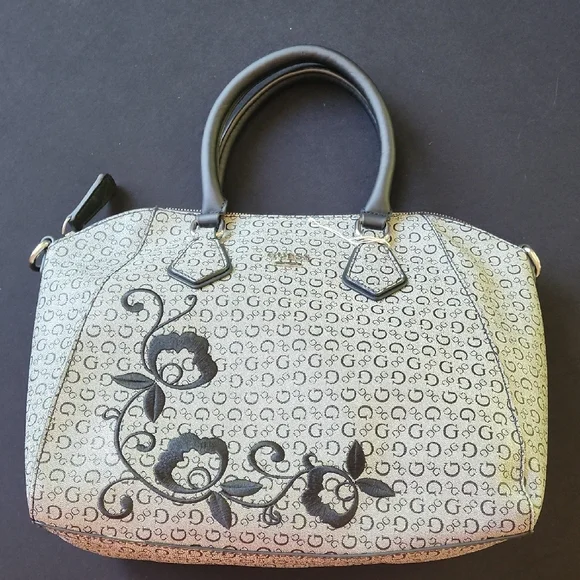 GUESS Monogram Floral Accent‎ Satchel Handbag Black Gray Top Handle