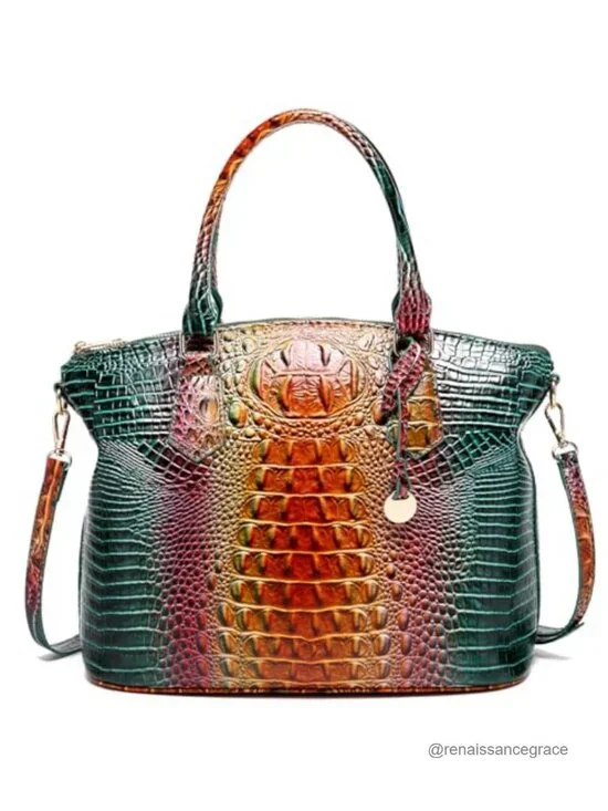 Vegan Leather Crocodile Satchel Purse with Shoulder Strap Tote Handbag