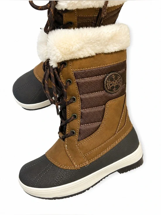 Totes Girls Size 12 Insulated Winter Boots Brown Black Faux Fur LaceUp Snow Boot