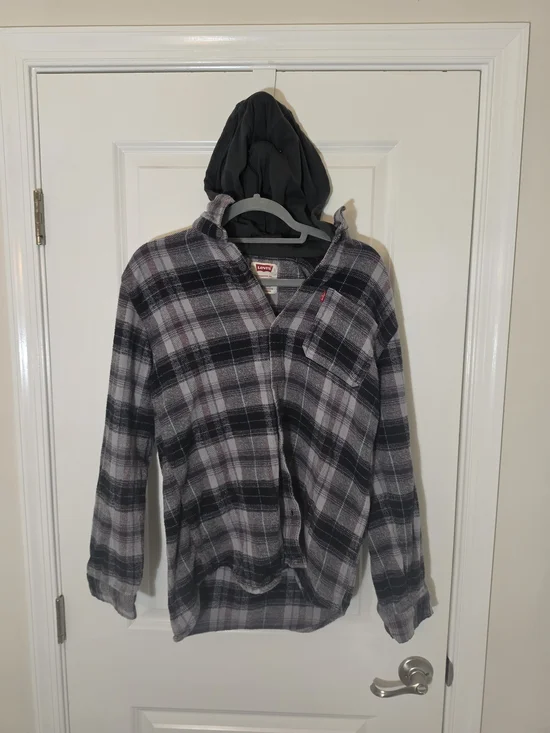 Levi's Men's Plaid Hooded Flannel Shirt Jacket Hoodie Gray/Black/Red Size XL