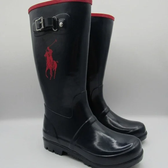 Polo Ralph Lauren Rain Boots Kids 2 Navy Blue Excellent Waterproof Big Pony Logo