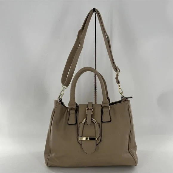 Large Charming Charlie Handbag Satchel Crossbody Tote Purse Tan Beige Taupe Gold