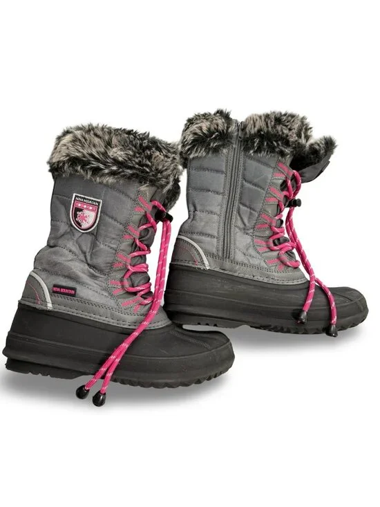 Nova Mountain Kids Snow Boots Size 2 Girls Gray Pink Faux Fur Lined Zip NFWB830