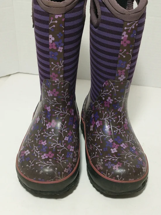 Bogs Waterproof Girls Winter Boots,Rated -30° F, Purple Striped/Flowers, Size 11