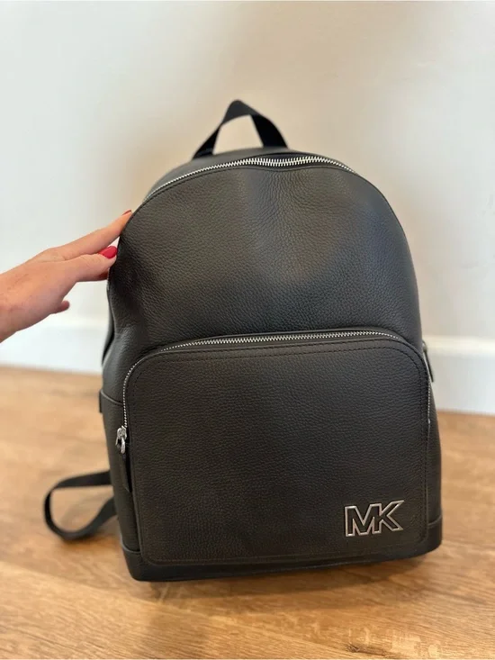 Michael Kors Black Pebbled Leather MK Logo Backpack