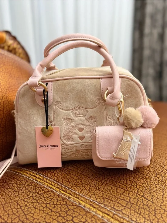 Juicy Couture Blush Pink Suede and Leather Satchel with Pom-Pom Charm