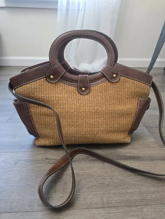 Fossil woven straw and brown leather trim satchel Vintage Cottagecore Fisherman