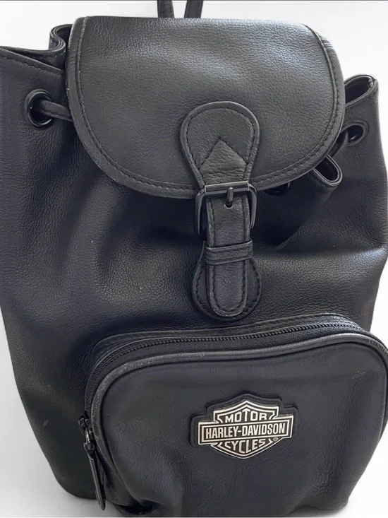 Harley Davidson Black Faux Leather Mini Backpack Drawstring Motorcycle Bag