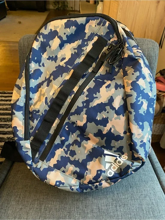 adidas Camouflage Backpack Blue Zip Padded Inner Pockets Crossbody Strap
