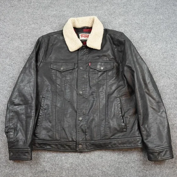 Levis Jacket Mens Large Black Faux Leather Sherpa Collar Bomber Flannel Lined