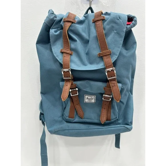 Herschel Little America Mid Volume Backpack Blue Brown Leather Straps Preppy‎