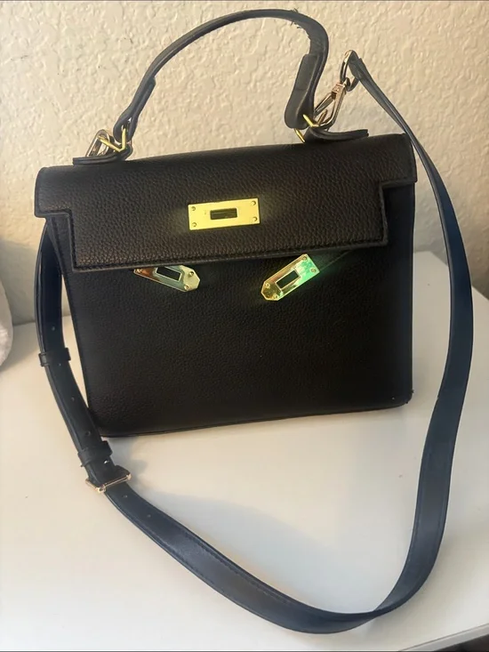 Black Pebbled Leather Top-Handle Satchel with Gold Hardware