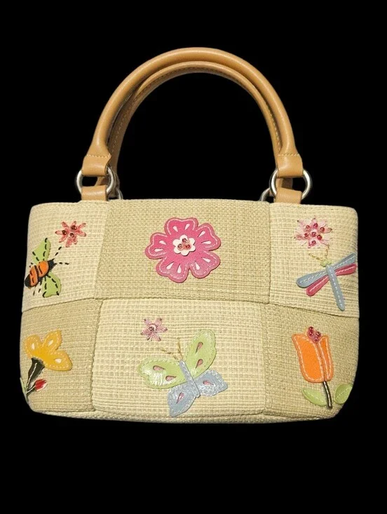 Woven Natural Straw Look Handbag Butterfly Flowers Bee Dragon Fly Beaded Accents