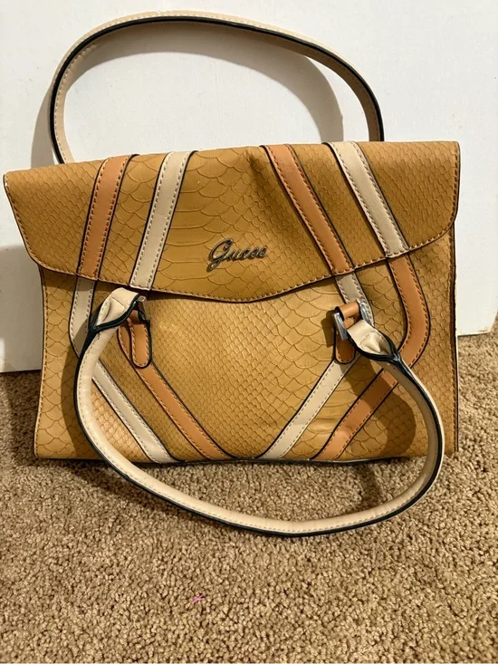 Guess Yellow Satchel with Cream & Tan Stripes