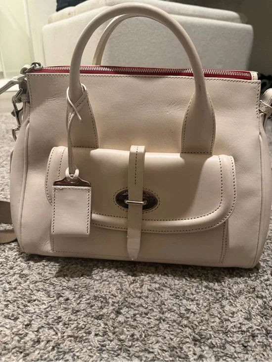 Dooney & Bourke Cream Leather Satchel with Front Pocket and Top Handles