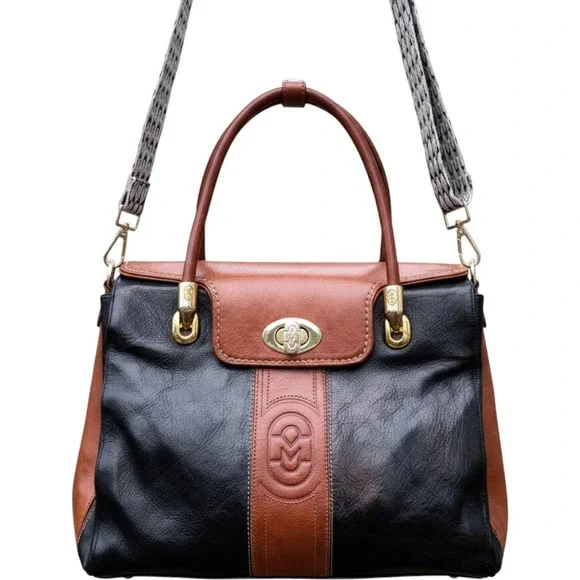 Vintage Marino Orlandi Italian Designer Leather Bag Black Cognac Made in Italy