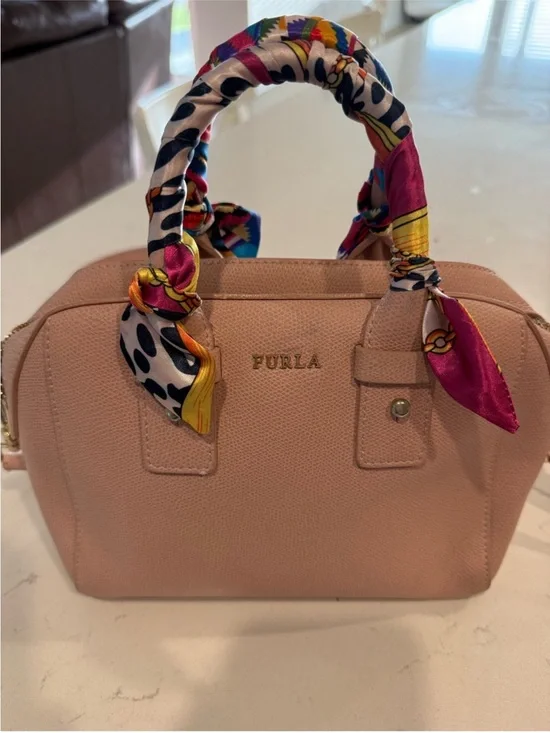 Furla Blush Pink Dome Satchel with Printed Scarf-Wrapped Handles