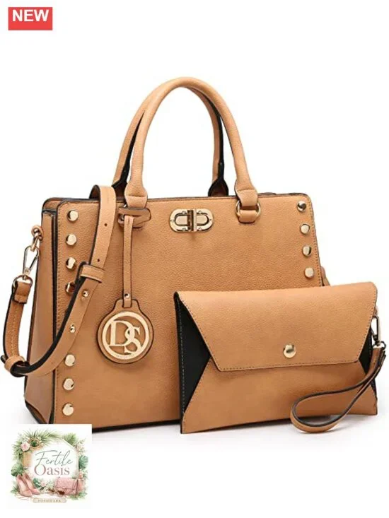 Women's Vegan Leather Satchel Tote 2 Piece Set with Matching Clutch