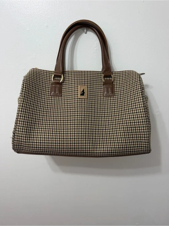 London Fog Duffel bag in brown check plaid Classic Houndstooth Satchel Handbag