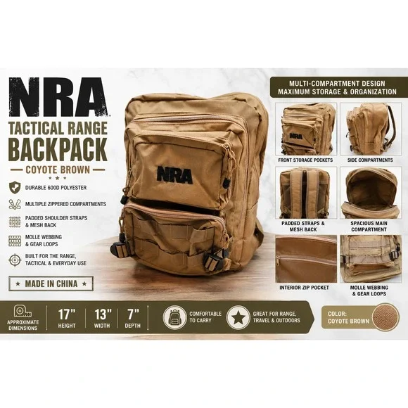 NRA Tactical Range Backpack Coyote Brown 600D Polyester MOLLE Gear Bag